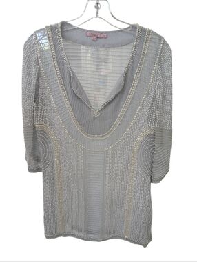 VTG Calypso St Barth 100% Silk Sheer Tunic Gray White Beads Sequins Pearls Sz XS